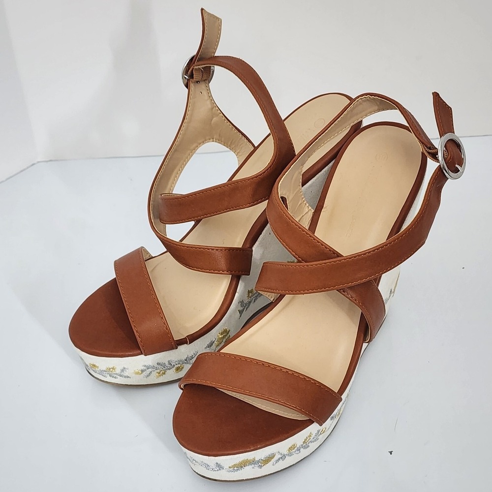 Wild Diva Lounge Women's Tan Brown Wedge Sandals Embroidered‎ Floral Platform 10